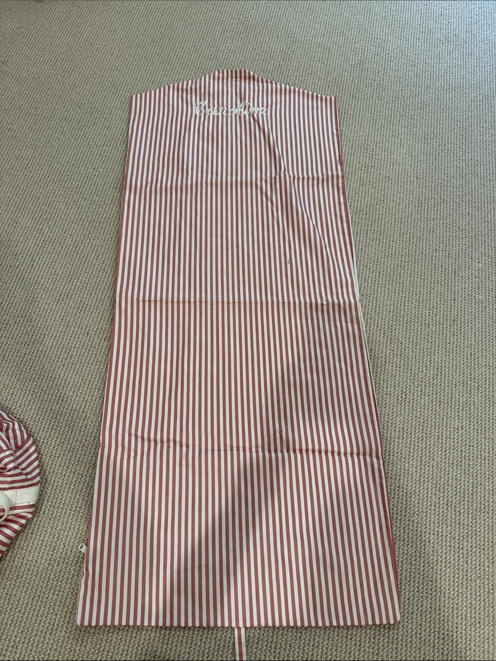 Striped Garment Bag with Caroline monogram